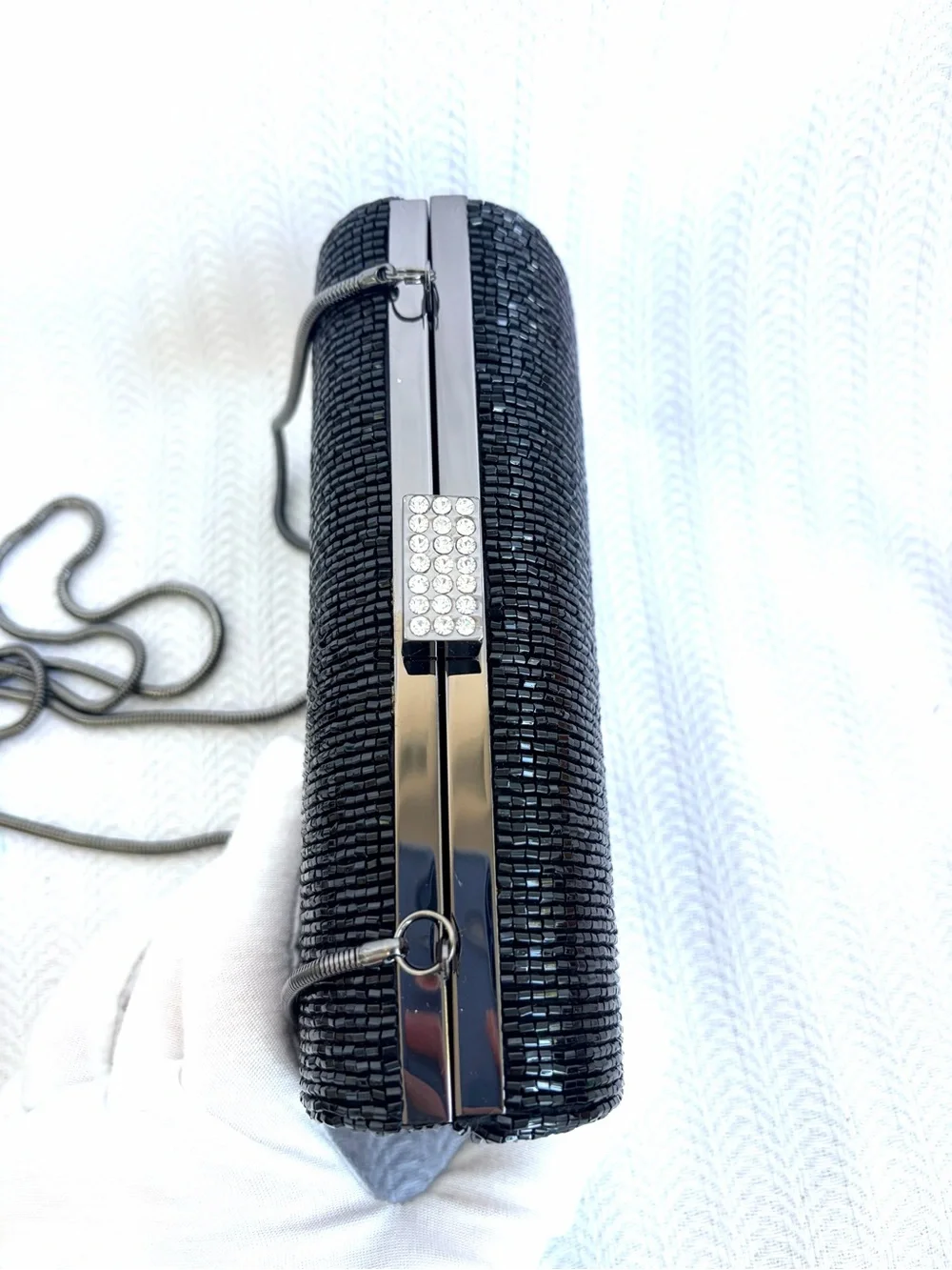 Vintage Lord & Taylor Black Beaded Cylinder Evening Clutch with Chain Strap